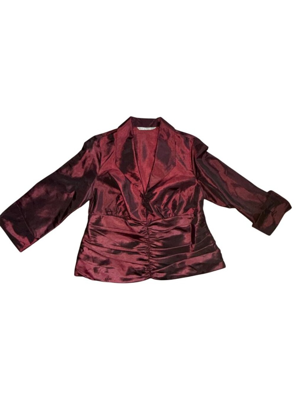 Larry Levine burgundy satin taffeta ruched 3/4 sleeve formal blouse top-L-GUC